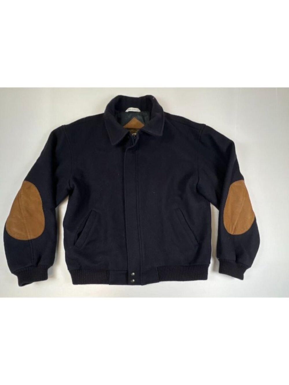 Vintage Eddie Bauer Jacket Men L Black Wool Leather Elbow Patches Varsity Bomber